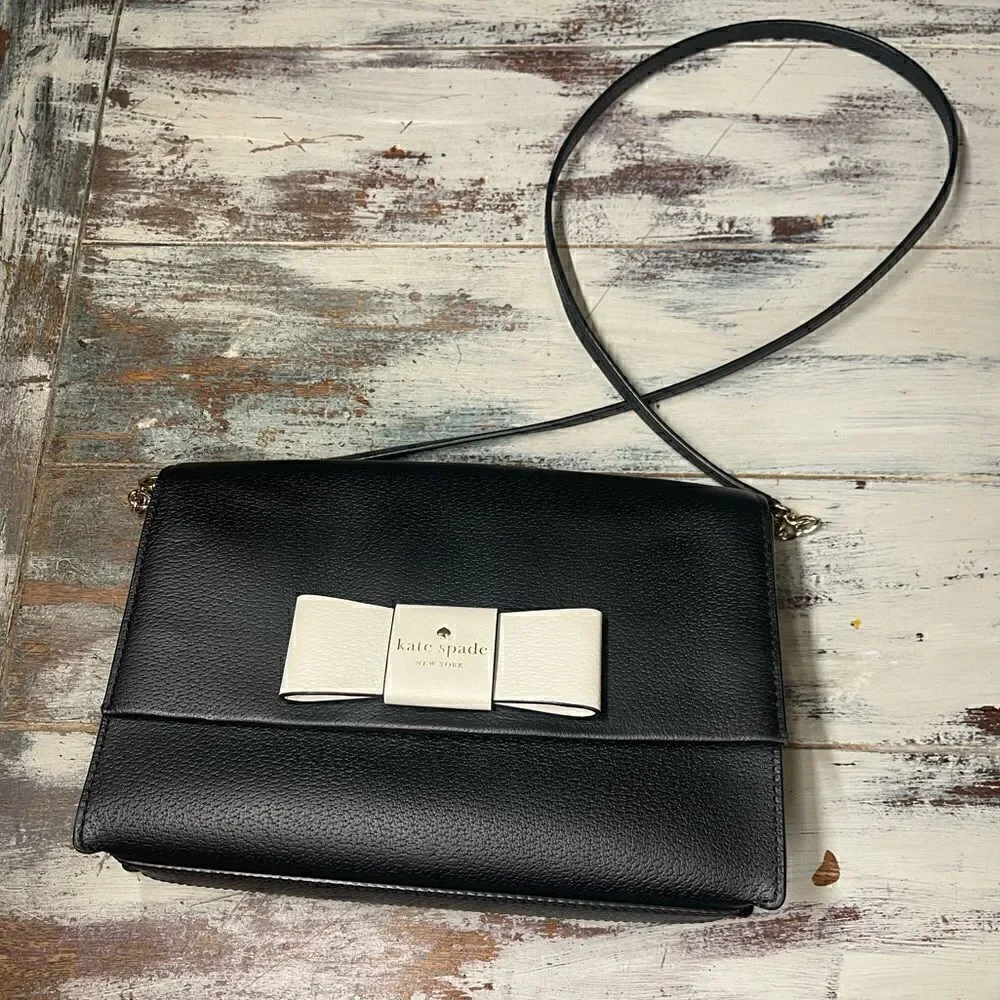 Kate Spade Kirk Park Saffiano Veronique Alek Crossbody Bow Black Beige Bow